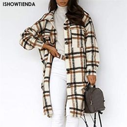 Womens Wool Blends Outerwear Fashion Plaid Woolen Coat Long Sleeve Print Button Open Front Cardigan 230818