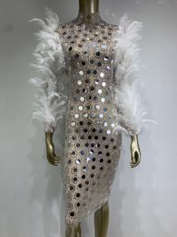 Casual Dresses Women Sexy Studded Geometric Sequins Feather Long Sleeved Elastic Tight Fitting Dress Stage Performance Banquet