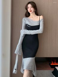 Casual Dresses 2023 Fashion Women Long Sleeve Patchwork Midi Dress Sexy Knit Lady Solid Mermaid Vintage Female Strap Vestidos Robe