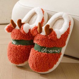 Slippers Elk Christmas Cotton Slippers for Women 2023 Winter Closed Toe Warm Plush House Slippers Woman Fluffy Designer Funny Shoes HKD230821