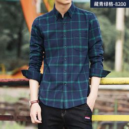 Men's Casual Shirts Blue Plaid Long Sleeved Flannel Shirt Spring And Autumn Youth Loose Fashion H28