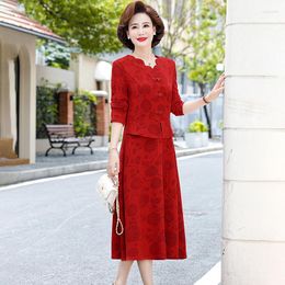 Casual Dresses Mother's Autumn Dress Over Knee Jacquard Stretch Long Sleeve V Neck Middle Aged Woman's Wedding Party