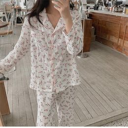 Women's Sleepwear Korean Floral Print Spring Pajamas Set Women Shirts Tops Long Pants Sweet Kawaii Home Suit Loose Cotton Clothes