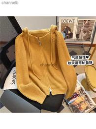 Women's Knits Tees Women Yellow Hooded Cardigan Knitted Sweater 90s Fashion Ladies Long Sleeve Sweater Korean Y2k Vintage Jumper Top Clothes 2023 HKD230821