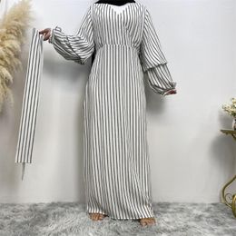 Ethnic Clothing Middle East Fashion Simple Women Stripes Muslim Dress Abaya Dubai Turkey Arabic Islamic Caftan Chiffon Robe