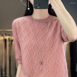 Women's Sweaters Wool Cashmere Short Sleeve T-shirt Round Neck 2023 Spring/Summer Loose Diamond Top Half Knitted Pullover