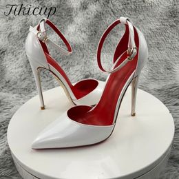 Dress Shoes Tikicup White Patent Leather Women Ankle Buckle Strap Pointy Toe High Heel for Wedding Party Elegant Ladies Stiletto Pumps 230818