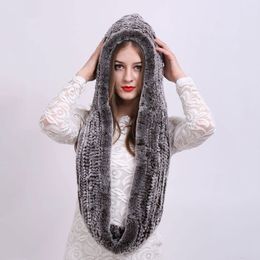BeanieSkull Caps Women Knitted Real Rex Rabbit Fur Hat Hooded Scarf Winter Hats for Woman Fall Cap Warm Natural Fur Hat with Neck Scarves Bonnets 230821