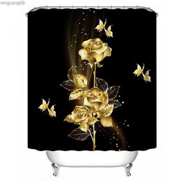 Shower Curtains Gold Rose Black Bathroom Set Luxury Shower Curtain With Bath Mat Rug Carpet For Toilet Decor Accessories Shower Curtain Set R230821