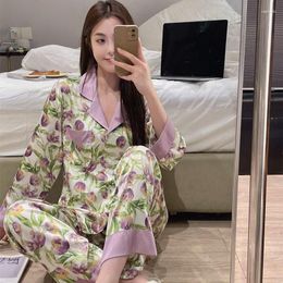Women's Sleepwear 2023 Ice And Snow Silk Pyjamas Female High-end Floral Long-sleeved Cardigan Home Wear Rinting Plus Size Nightwear