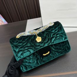 Camellia Embroidery Velvet Women Designer Classic Double Flap Bag with Coin Charm Gold Metal Hardware Matelasse Chain Vintage Cross Body Shoulder Handbag 25x15cm