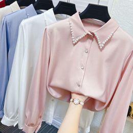 Women's Blouses Pearls Beaded Pointed Collar White Faux Silk Shirts Spring Long Sleeve Satin OL Cardigan Crop Tops