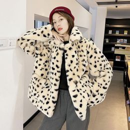 Women's Fur Winter Women Leopard Print Short Jacket Casual Loose Pocket Turndown Collar Long Sleeve Warm Faux Coat Ropa Mujer