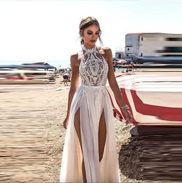 2023 Summer Beach Wedding Dress for Boho Bride: Sexy High Side Slit Halter Lace Top Chiffon Skirt Long Backless Bridal Gown