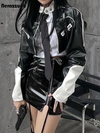 Women s Jackets Nerazzurri Spring Summer Short White and Black Patchwork Shiny Patent Leather Jacket Women Adult s Pu Cropped Top 230821