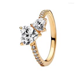 Cluster Rings Shine Gold Signature Double Hearts Stack Finger For Women Wedding Bands Jewelry Clear Cubic Zircon Stone Mother's Day Gift