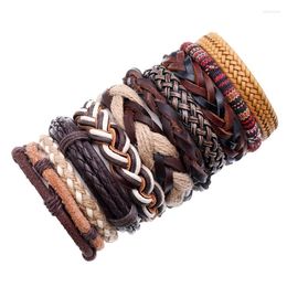 Bangle 10 Pcs/set Handmade Weave Charm Wrap Genuine Leather Mens Punk Style Bracelets For Women Bangles Male Jewellery Wristband