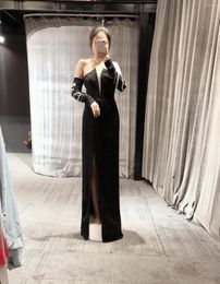 Party Dresses Real Picture Sexy Black Off The Shoulder Long Sleeves With Silver Beads High Quality Custom Made Floor Length Evening Dress