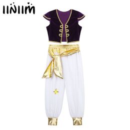 Cosplay Kids Boys Kids Arabian Prince Lamp Cosplay Costumes Cap Sleeves Weistcoat with bants for Halloween Firms Dress Up 230817