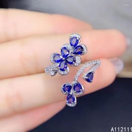 Cluster Rings Fine Jewellery 925 Sterling Silver Inlaid With Natural Gemstone Luxury Exquisite Flower Sapphire Women's OL Style Open Ring