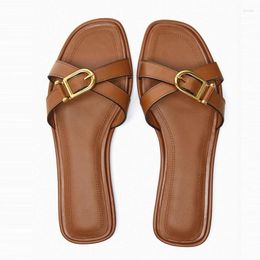 Flats Sandals 2024 Women Slippers Summer Brown Female Casual Flat Leather Sexy Beach Sandal 50
