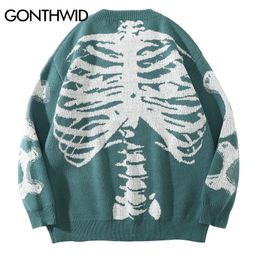 Men s Hoodies Sweatshirts Hip Hop Gothic Knitted Sweater Streetwear Vintage Skull Knit Pullover Sweaters Mens Autumn Casual Knitwear Green Black 230821
