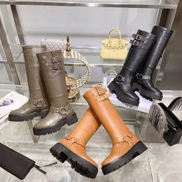 Bulky Triomhpe Knee boots Designer punk style Women Genuine leather Motorcycle boots platform ankle boots Vintage hardware buckle soft leather cowboy boots