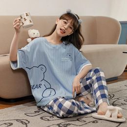 Women's Sleepwear M-3XL Summer Pijamas Set For Women Loungewear Short Sleeve Long Pants Lady Pajamas Cartoon Girl Cotton