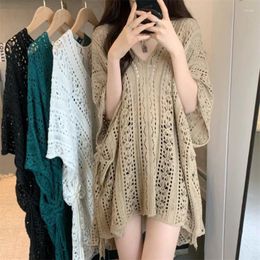 Women's Sweaters V-neck Hollow Out Short Sleeved Knit Shirt Sweater Lazy Summer Loose Thin Pullover Slim Blouse Top