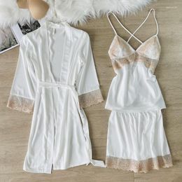 Women's Sleepwear Solid Colour Sexy Pyjamas Set Nightgown Robe Women Ice Silk Homewear Night Dress V Neck Lace Edge Nightwear Home Clothing