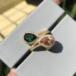 Cluster Rings Water Drop Emerald Ring Female S925 Sterling Silver Plated K Yellow Retro Colored Gemstone Diamond Personalized