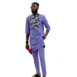 Men s Tracksuits Light Purple Set 3 4 Sleeve Tops With Pant Nigerian Fashion White Print Male Wedding Party Wear 230821