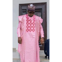 Ethnic Clothing H D African Clothes for Men Bazin Traditional Embroidery Dashiki Pink Robe Long Sleeve Shirt Pants 3 piece Set Wedding Abaya 230818