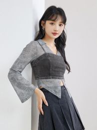 Women's Blouses Two Pieces Set Korean Y2k Aesthetic Slim Grunge Denim Tank Sun Protection Thin Casual Skirts Fashion All Match Suits