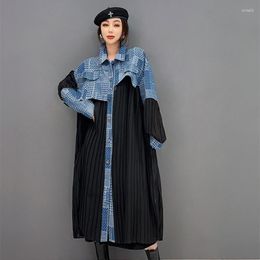 Women's Trench Coats Spring Denim Spliced Long Cardigan Women Plus Size Loose Pleated Coat Street Wear Outfit Dresses