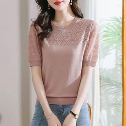 Women's Sweaters TuangBiang Female Summer Elegant Sexy Flower 2023 Hollow Out O-Neck Knitted Short Sleeves T-Shirts Women Autumn Thin Loose