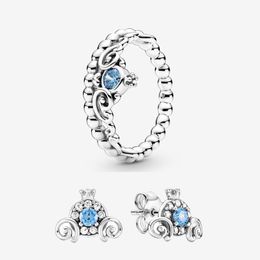 Pumpkin Coach Stud Earrings Ring Set for Pandora 925 Sterling Silver designer Jewellery Blue Diamond Rings and Earring set with Original Box