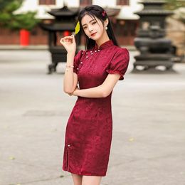 Ethnic Clothing Standing Collar Young Cheongsam Lace Fashion Short Jacquard Red Chinese Style Girl Qipao Modern Sexy Dress