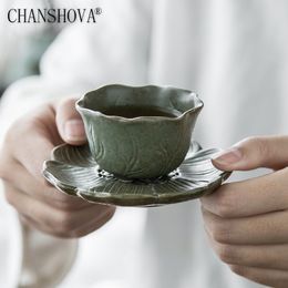 Mugs CHANSHOVA 50ml Chinese Retro Style Personality Lotus Handmade Ceramic Tea Cup and Saucer Set China Coarse Pottery Teacup H655 230818
