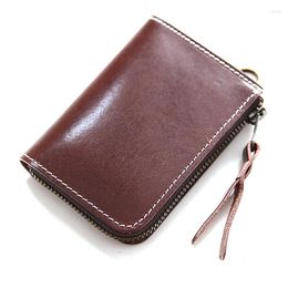 Wallets Men Vintage Geniune Leather Short Wallet Handmade Vegetable Tanned Zipper Purse Luxury Coin Pocket Card Holder