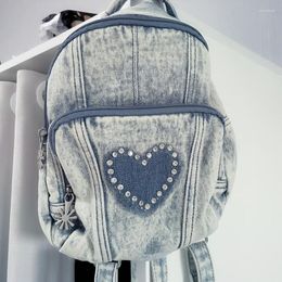 Backpack 2023 Vintage Retro Bolsa Feminina Kawaii Heart Rhinestone Mini Denim Floral Zipper Designer Bag