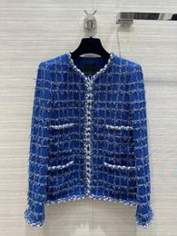 Women's Jackets Silk Luxury Early Spring Line Navy Blue Checker Coat Jacket Lady Elegant And Fashionable Style High Quality