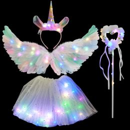 Other Event Party Supplies Women Girl Angel LED Feather Wing Glow Light Up Unicorn Headband Fairy Feather Wings For Kids Birthday Party Gifts Cosplay Props 230821