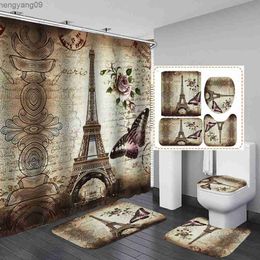 Shower Curtains Paris Butterfly Landscape Eiffel Tower Printed Shower Curtain Set Non-slip Carpet Toilet Seat Cushion Shower Curtain Set R230821