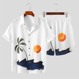 Fashion Mens Ethnic Shirt Suit Hawaiian Harajuku Vintage Short Sleeve Man Button Up Hawaii Beach Sets Chemise Homme242P