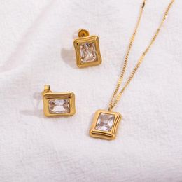 Pendant Necklaces 2023 Tarnish Free Gold Plated Stainless Steel Bling Cubic Zirconia Square Stud Earring Necklace Set For Women Girl Gift