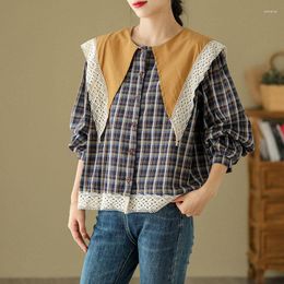 Women's Blouses Contrast Sailor Collar Blouse Long Sleeve Plaid Shirt Women Oversize Clothing Loose College Japanese Lace Patchwork Top