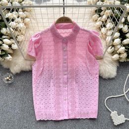 Women's Blouses Womens Tops And Crochet Hollow Out Female Blusas De Mujer Polo Neck Flying Sleeve Single Breasted Ladies Dropship