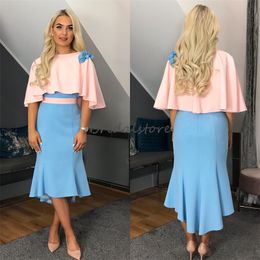 Dubai Arabic Pink Blue Evening Dress With Cape Wrap Contrast Maxi Holiday Prom Dress 2023 Short Cocktail Formal Party Wear Women Birthday vestidos de noche