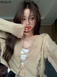 Women s Hoodies Sweatshirts Woherb Y2K Holes Knitted Cardigans Solid Retro Harajuku Cute cropped Jumper Full Sleeve Lace Up Outwear Autumn Grunge 230821